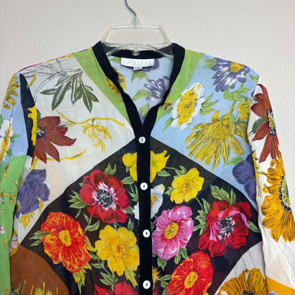 Vintage 90s Patchwork Floral Blouse Sheer Button Top Womens Small S Cottage Boho - Picture 3 of 16